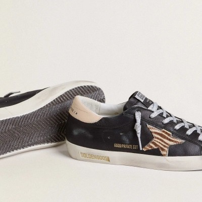 Golden Goose Super-Star In Black Nappa Leather With Zebra-Print Pony Skin Star And Beige Leather Heel Tab