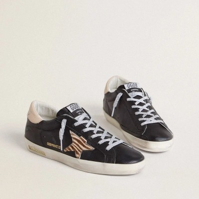 Golden Goose Super-Star In Black Nappa Leather With Zebra-Print Pony Skin Star And Beige Leather Heel Tab Golden Goose Super-Star In Black Nappa Leather With Zebra-Print Pony Skin Star And Beige Leather Heel Tab