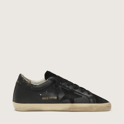 Golden Goose Super-Star In Black Nappa With Black Star And Glitter Heel Tab Golden Goose Super-Star In Black Nappa With Black Star And Glitter Heel Tab