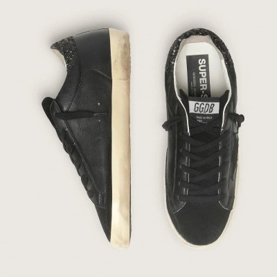 Golden Goose Super-Star In Black Nappa With Black Star And Glitter Heel Tab Golden Goose Super-Star In Black Nappa With Black Star And Glitter Heel Tab