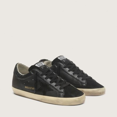 Golden Goose Super-Star In Black Nappa With Black Star And Glitter Heel Tab Golden Goose Super-Star In Black Nappa With Black Star And Glitter Heel Tab