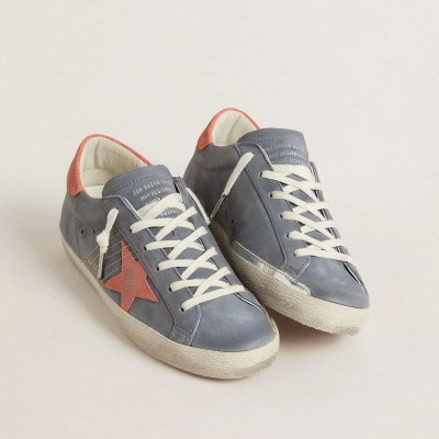 Golden Goose Super Star In Blue Nubuck With Pink Suede Star And Heel Tab Golden Goose Super Star In Blue Nubuck With Pink Suede Star And Heel Tab