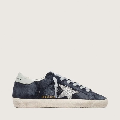 Golden Goose Super-Star In Blue Suede With Silver Glitter Star And Leather Heel Tab Golden Goose Super-Star In Blue Suede With Silver Glitter Star And Leather Heel Tab