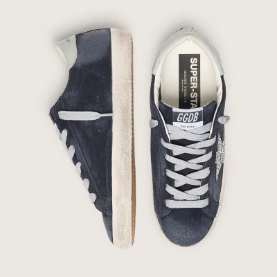 Golden Goose Super-Star In Blue Suede With Silver Glitter Star And Leather Heel Tab Golden Goose Super-Star In Blue Suede With Silver Glitter Star And Leather Heel Tab