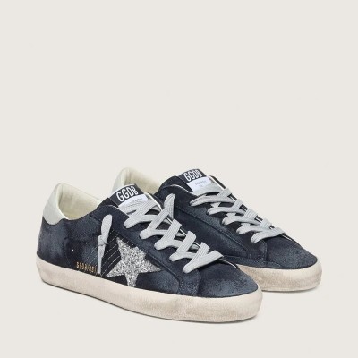 Golden Goose Super-Star In Blue Suede With Silver Glitter Star And Leather Heel Tab Golden Goose Super-Star In Blue Suede With Silver Glitter Star And Leather Heel Tab
