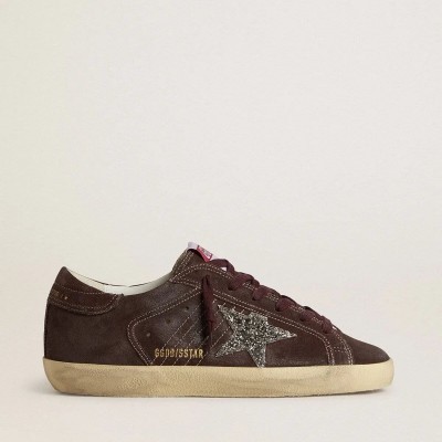 Golden Goose Super-Star In Brown Suede With Silver Glitter Star Golden Goose Super-Star In Brown Suede With Silver Glitter Star