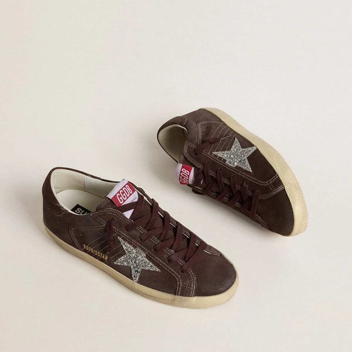 Golden Goose Super-Star In Brown Suede With Silver Glitter Star Golden Goose Super-Star In Brown Suede With Silver Glitter Star