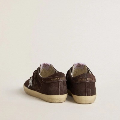 Golden Goose Super-Star In Brown Suede With Silver Glitter Star Golden Goose Super-Star In Brown Suede With Silver Glitter Star
