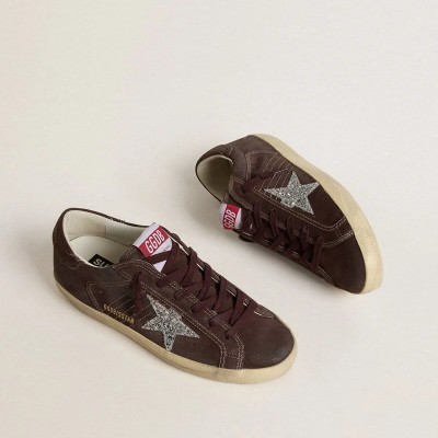 Golden Goose Super-Star In Brown Suede With Silver Glitter Star Golden Goose Super-Star In Brown Suede With Silver Glitter Star