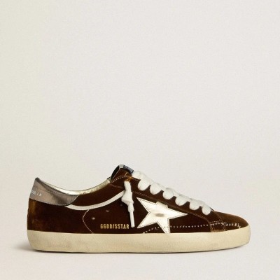 Golden Goose Super-Star In Cognac Velvet With Metallic Leather Star And Heel Tab Golden Goose Super-Star In Cognac Velvet With Metallic Leather Star And Heel Tab