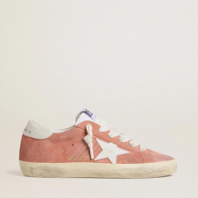Golden Goose Super-Star In Coral Suede With White Leather Star And Heel Tab Golden Goose Super-Star In Coral Suede With White Leather Star And Heel Tab