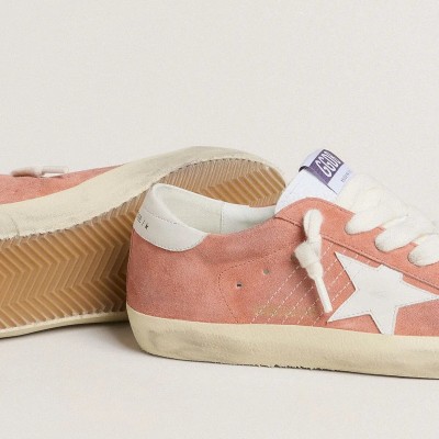 Golden Goose Super-Star In Coral Suede With White Leather Star And Heel Tab Golden Goose Super-Star In Coral Suede With White Leather Star And Heel Tab