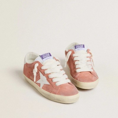 Golden Goose Super-Star In Coral Suede With White Leather Star And Heel Tab Golden Goose Super-Star In Coral Suede With White Leather Star And Heel Tab