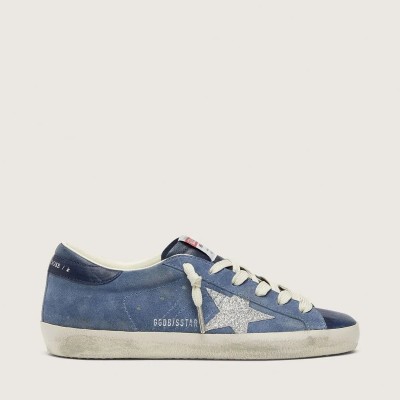 Golden Goose Super-Star In Denim-Blue Suede With Silver Glitter Star Golden Goose Super-Star In Denim-Blue Suede With Silver Glitter Star