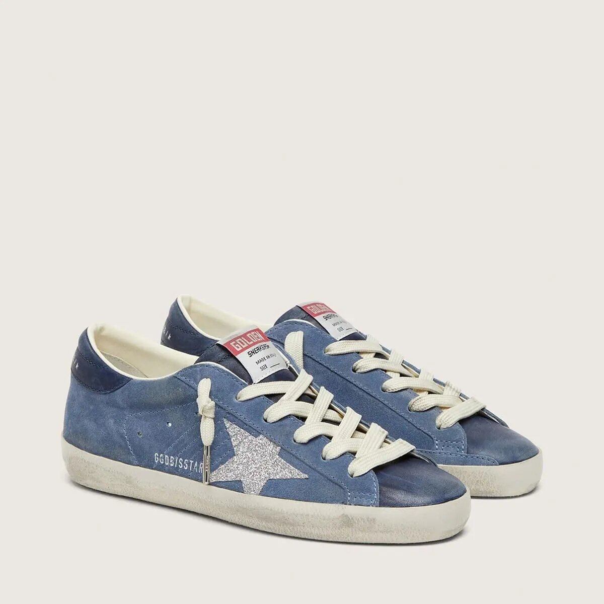Golden Goose Super-Star In Denim-Blue Suede With Silver Glitter Star Golden Goose Super-Star In Denim-Blue Suede With Silver Glitter Star