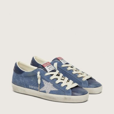 Golden Goose Super-Star In Denim-Blue Suede With Silver Glitter Star Golden Goose Super-Star In Denim-Blue Suede With Silver Glitter Star