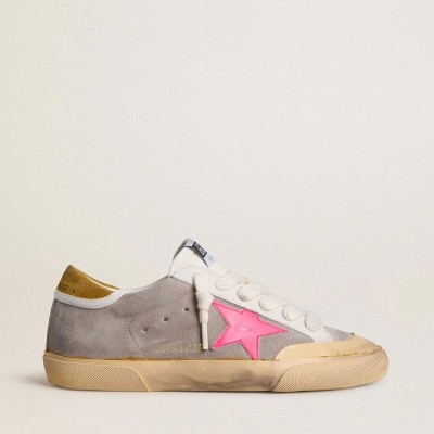 Golden Goose Super-Star In Dove-Gray Suede With Fuchsia Leather Star And Ocher Suede Heel Tab