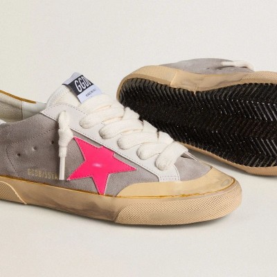Golden Goose Super-Star In Dove-Gray Suede With Fuchsia Leather Star And Ocher Suede Heel Tab