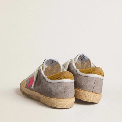 Golden Goose Super-Star In Dove-Gray Suede With Fuchsia Leather Star And Ocher Suede Heel Tab