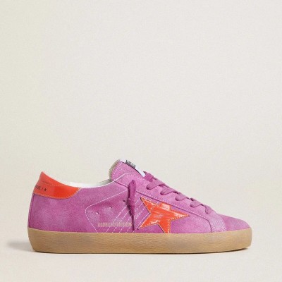 Golden Goose Super-Star In Fuchsia Suede With Fluorescent Orange Laminated Leather Star And Heel Tab Golden Goose Super-Star In Fuchsia Suede With Fluorescent Orange Laminated Leather Star And Heel Tab