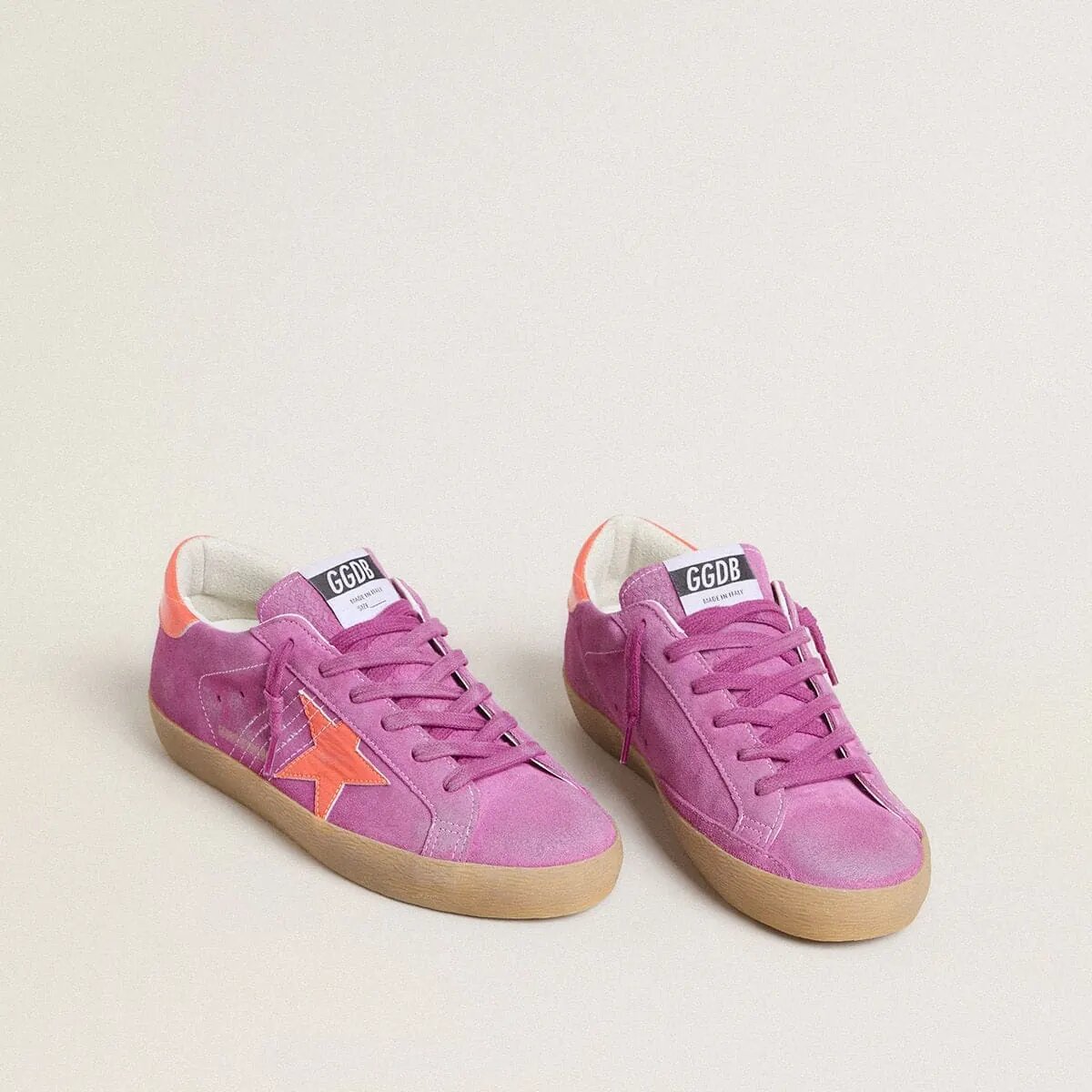 Golden Goose Super-Star In Fuchsia Suede With Fluorescent Orange Laminated Leather Star And Heel Tab Golden Goose Super-Star In Fuchsia Suede With Fluorescent Orange Laminated Leather Star And Heel Tab