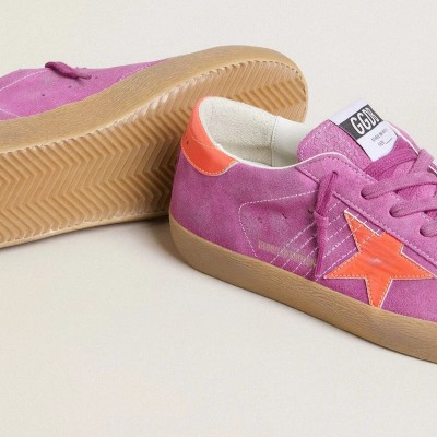 Golden Goose Super-Star In Fuchsia Suede With Fluorescent Orange Laminated Leather Star And Heel Tab Golden Goose Super-Star In Fuchsia Suede With Fluorescent Orange Laminated Leather Star And Heel Tab