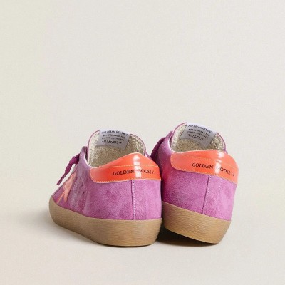 Golden Goose Super-Star In Fuchsia Suede With Fluorescent Orange Laminated Leather Star And Heel Tab Golden Goose Super-Star In Fuchsia Suede With Fluorescent Orange Laminated Leather Star And Heel Tab