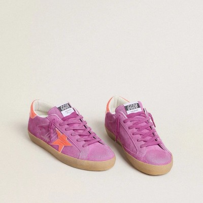 Golden Goose Super-Star In Fuchsia Suede With Fluorescent Orange Laminated Leather Star And Heel Tab Golden Goose Super-Star In Fuchsia Suede With Fluorescent Orange Laminated Leather Star And Heel Tab
