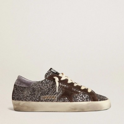 Golden Goose Super-Star In Glitter With A Brown Star And Lilac Heel Tab Golden Goose Super-Star In Glitter With A Brown Star And Lilac Heel Tab