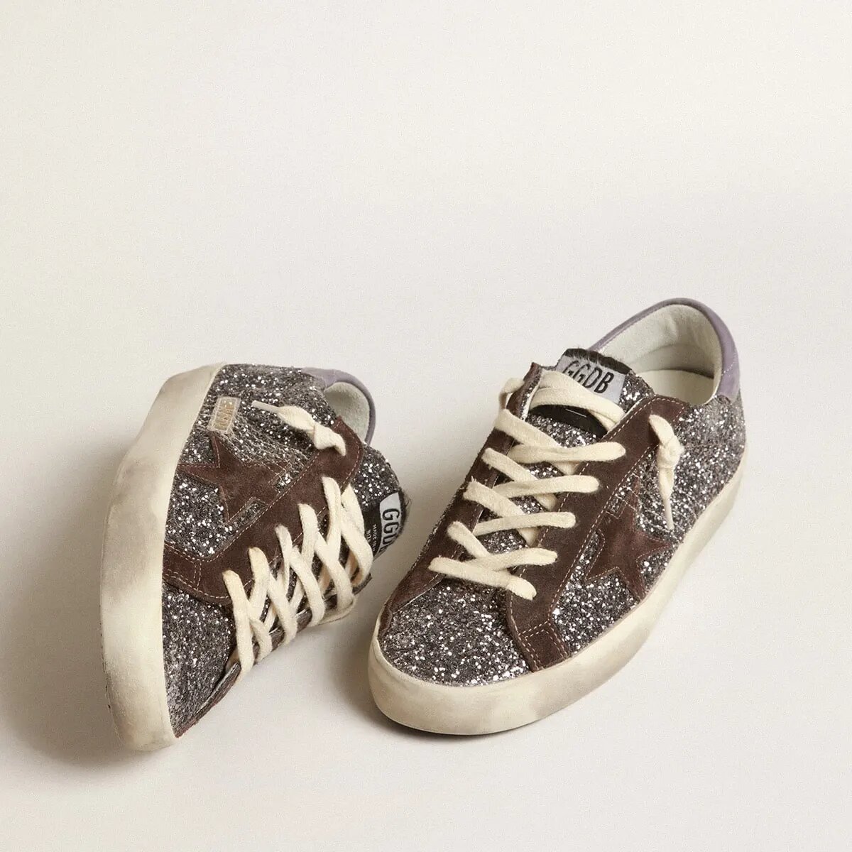 Golden Goose Super-Star In Glitter With A Brown Star And Lilac Heel Tab Golden Goose Super-Star In Glitter With A Brown Star And Lilac Heel Tab