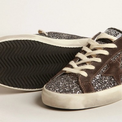 Golden Goose Super-Star In Glitter With A Brown Star And Lilac Heel Tab Golden Goose Super-Star In Glitter With A Brown Star And Lilac Heel Tab