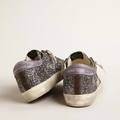 Golden Goose Super-Star In Glitter With A Brown Star And Lilac Heel Tab Golden Goose Super-Star In Glitter With A Brown Star And Lilac Heel Tab