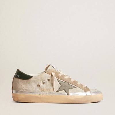 Golden Goose Super-Star In Gray Canvas With A Green Leather Star And Heel Tab Golden Goose Super-Star In Gray Canvas With A Green Leather Star And Heel Tab