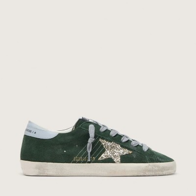 Golden Goose Super-Star In Green Suede, Silver Glitter Star And Leather Heel Tab Golden Goose Super-Star In Green Suede, Silver Glitter Star And Leather Heel Tab