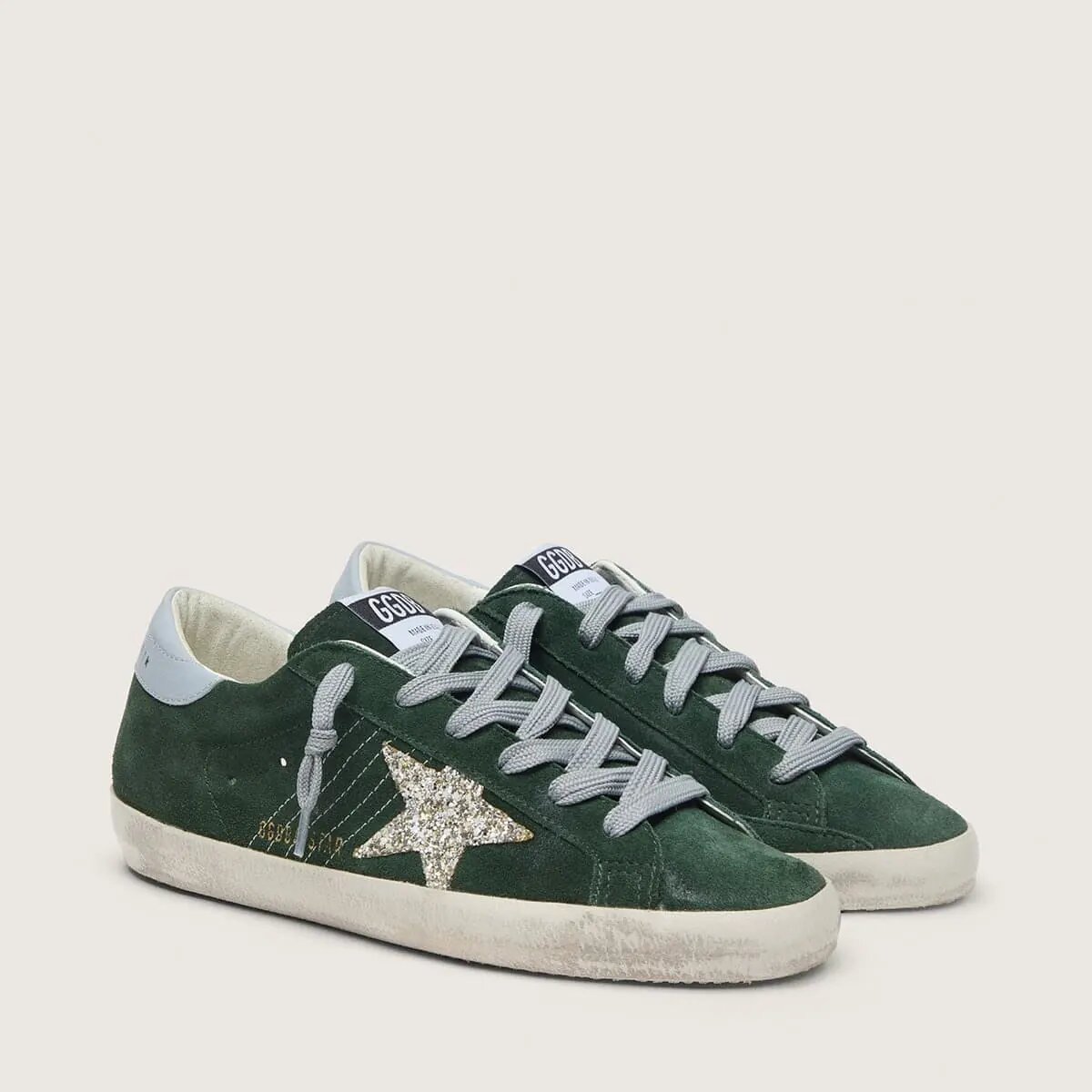 Golden Goose Super-Star In Green Suede, Silver Glitter Star And Leather Heel Tab Golden Goose Super-Star In Green Suede, Silver Glitter Star And Leather Heel Tab