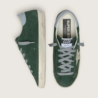 Golden Goose Super-Star In Green Suede, Silver Glitter Star And Leather Heel Tab Golden Goose Super-Star In Green Suede, Silver Glitter Star And Leather Heel Tab