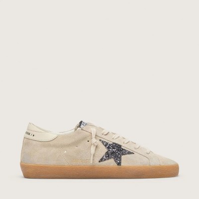 Golden Goose Super-Star In Ice-Gray Suede With Silver Glitter Star And Leather Heel Tab Golden Goose Super-Star In Ice-Gray Suede With Silver Glitter Star And Leather Heel Tab