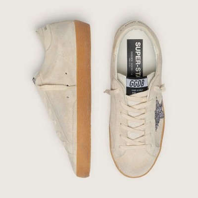 Golden Goose Super-Star In Ice-Gray Suede With Silver Glitter Star And Leather Heel Tab Golden Goose Super-Star In Ice-Gray Suede With Silver Glitter Star And Leather Heel Tab