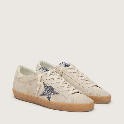Golden Goose Super-Star In Ice-Gray Suede With Silver Glitter Star And Leather Heel Tab Golden Goose Super-Star In Ice-Gray Suede With Silver Glitter Star And Leather Heel Tab