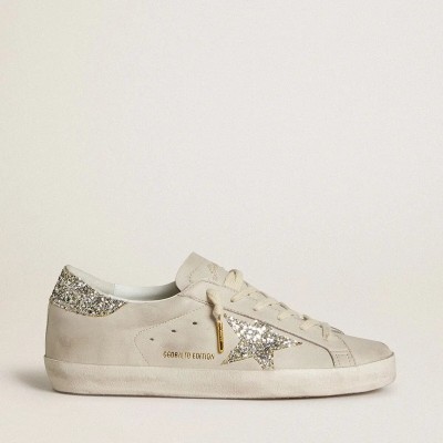 Golden Goose Super-Star In Ivory Nappa Leather With Platinum Glitter Star And Heel Tab Golden Goose Super-Star In Ivory Nappa Leather With Platinum Glitter Star And Heel Tab