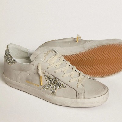 Golden Goose Super-Star In Ivory Nappa Leather With Platinum Glitter Star And Heel Tab Golden Goose Super-Star In Ivory Nappa Leather With Platinum Glitter Star And Heel Tab