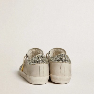 Golden Goose Super-Star In Ivory Nappa Leather With Platinum Glitter Star And Heel Tab Golden Goose Super-Star In Ivory Nappa Leather With Platinum Glitter Star And Heel Tab