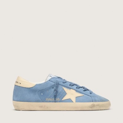 Golden Goose Super-Star In Light Blue Suede With Beige Leather Star And Heel Tab Golden Goose Super-Star In Light Blue Suede With Beige Leather Star And Heel Tab
