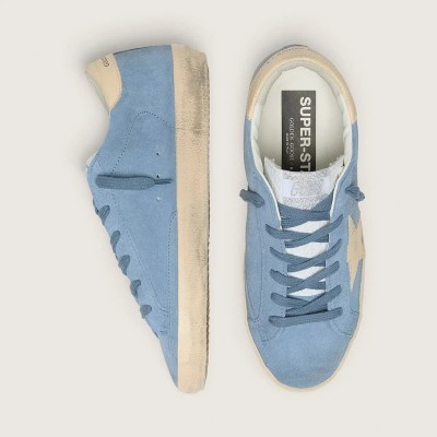 Golden Goose Super-Star In Light Blue Suede With Beige Leather Star And Heel Tab Golden Goose Super-Star In Light Blue Suede With Beige Leather Star And Heel Tab