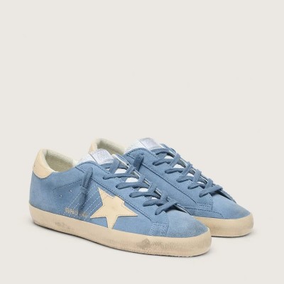 Golden Goose Super-Star In Light Blue Suede With Beige Leather Star And Heel Tab Golden Goose Super-Star In Light Blue Suede With Beige Leather Star And Heel Tab