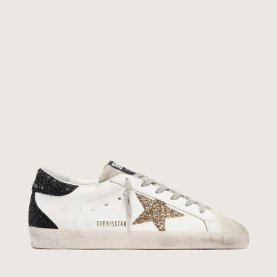 Golden Goose Super-Star In Nappa Leather With Gold Glitter Star And Black Glitter Heel Tab Golden Goose Super-Star In Nappa Leather With Gold Glitter Star And Black Glitter Heel Tab