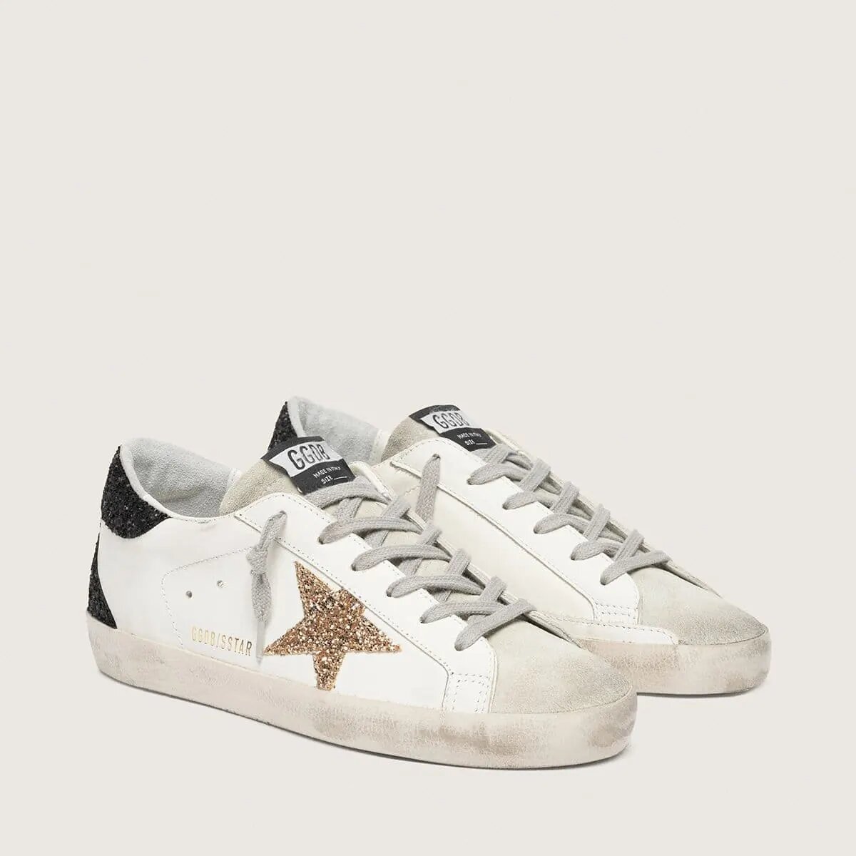 Golden Goose Super-Star In Nappa Leather With Gold Glitter Star And Black Glitter Heel Tab Golden Goose Super-Star In Nappa Leather With Gold Glitter Star And Black Glitter Heel Tab