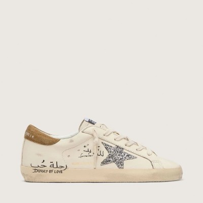 Golden Goose Super-Star In Nappa With Silver Glitter Star And All-Over Lettering Golden Goose Super-Star In Nappa With Silver Glitter Star And All-Over Lettering