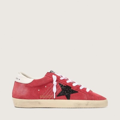 Golden Goose Super-Star In Red Suede With Glitter Star And White Heel Tab Golden Goose Super-Star In Red Suede With Glitter Star And White Heel Tab