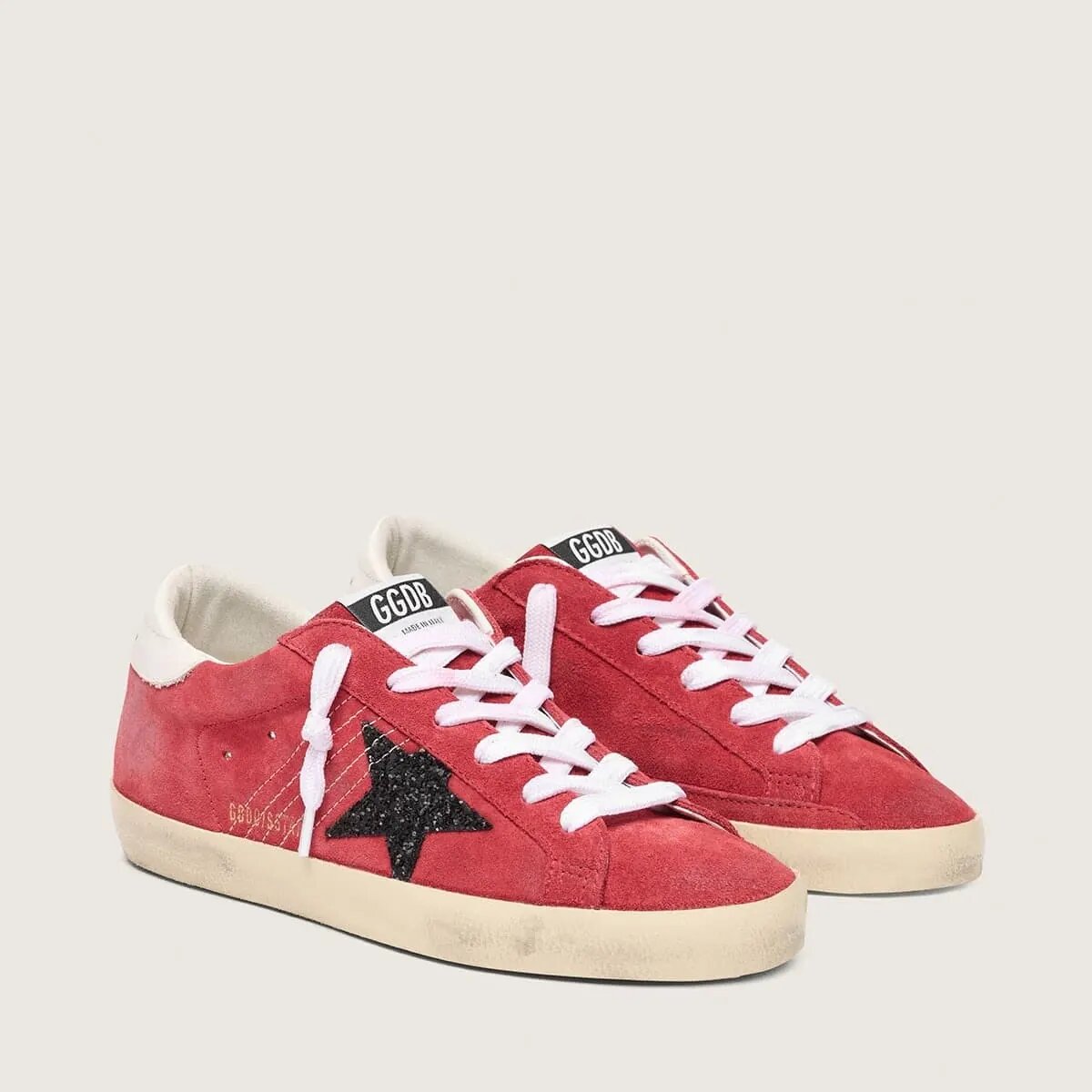 Golden Goose Super-Star In Red Suede With Glitter Star And White Heel Tab Golden Goose Super-Star In Red Suede With Glitter Star And White Heel Tab